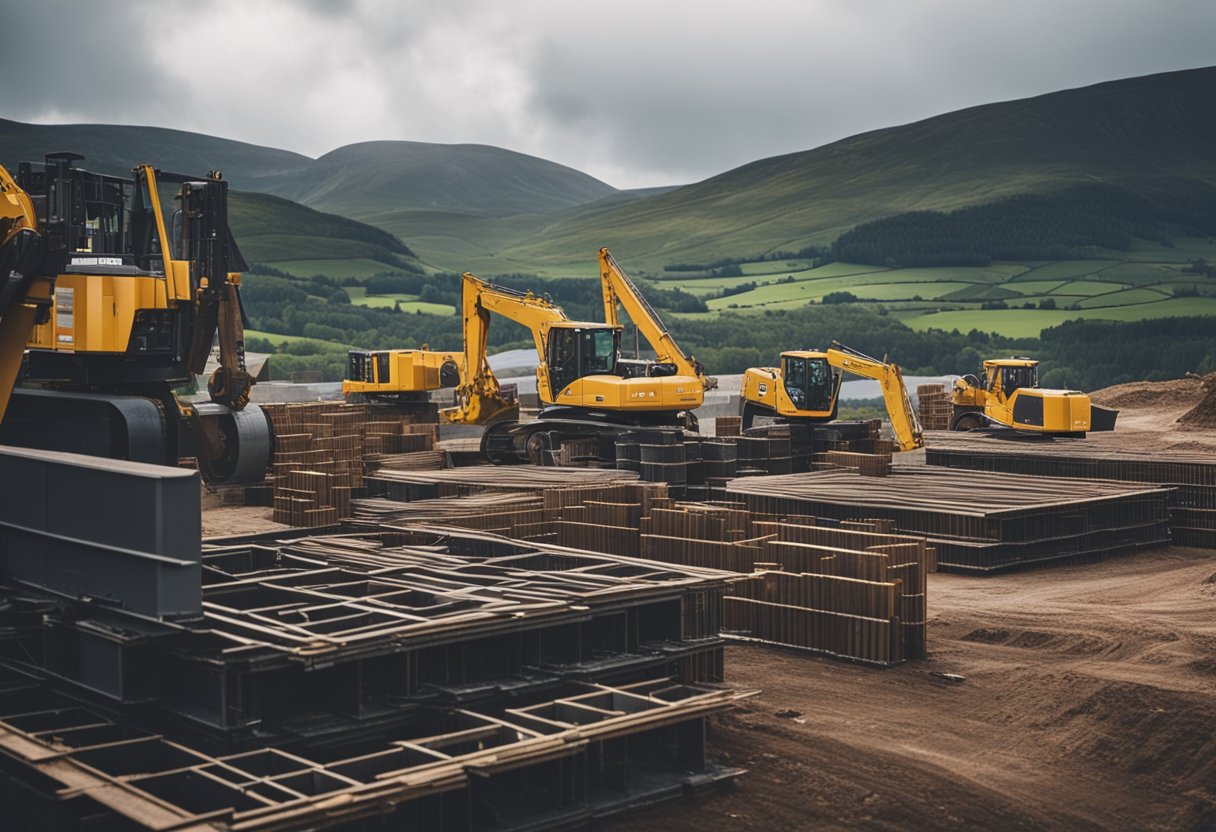 A bustling construction site in Scotland, with workers operating heavy machinery and erecting steel structures against a backdrop of rolling hills and cloudy skies