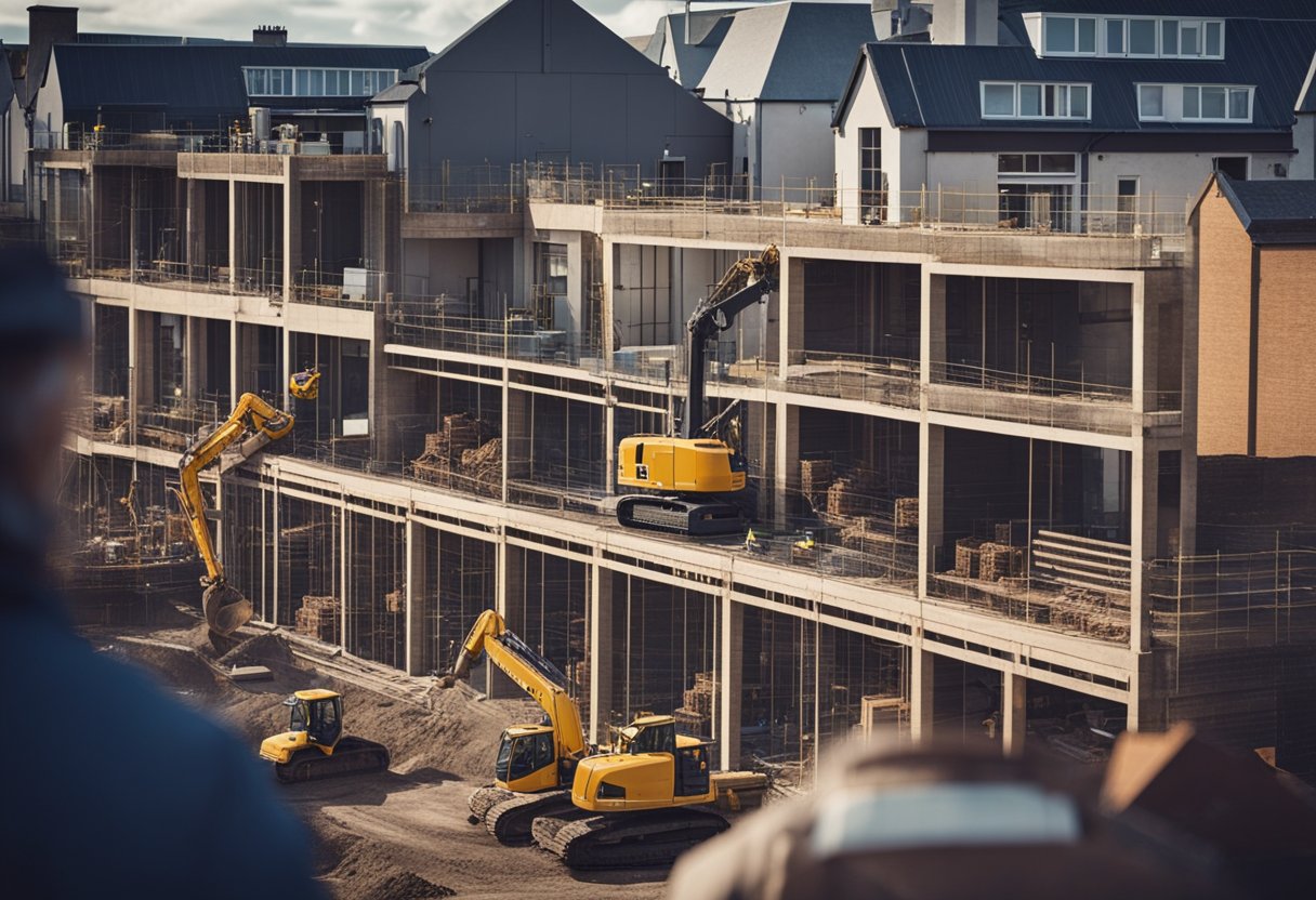 A bustling construction site in a Scottish town, with workers collaborating and machines buzzing, showcasing the community impact of infrastructure development