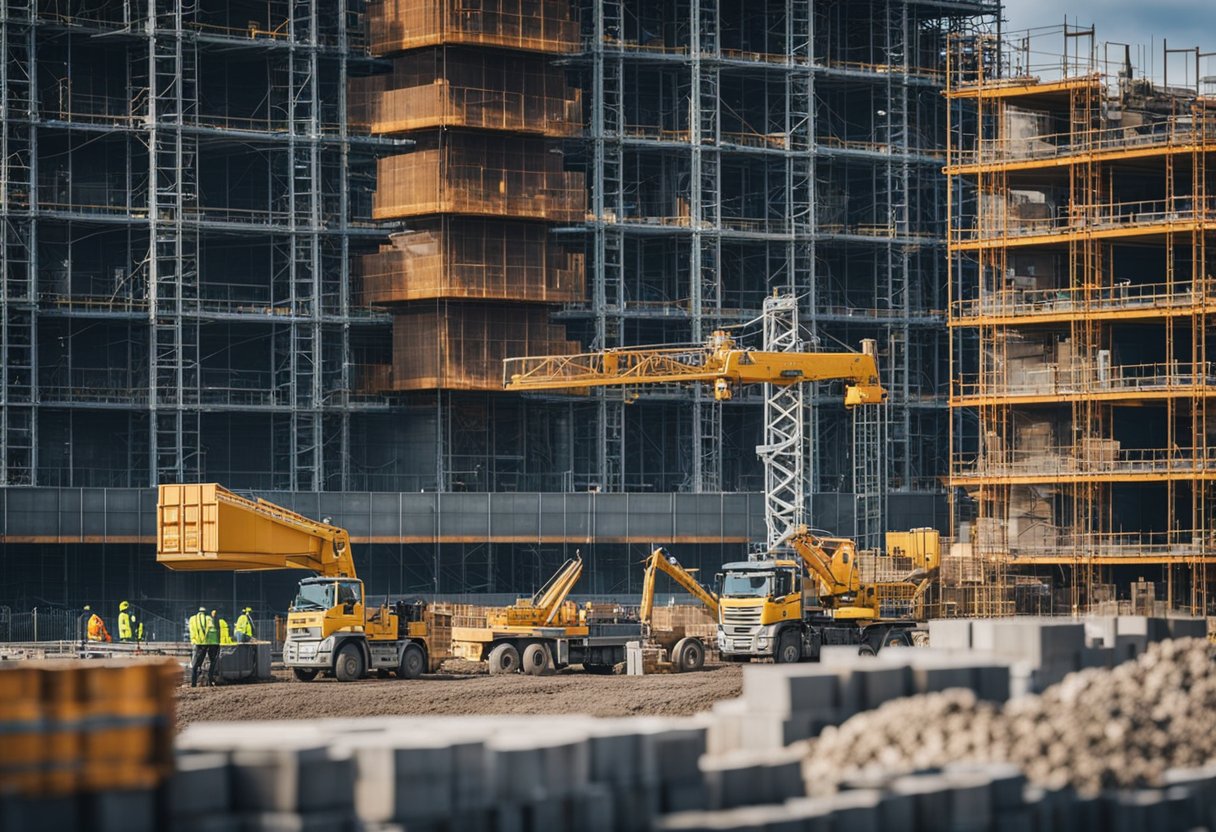 A bustling construction site in Scotland, with workers laying bricks and pouring concrete. Cranes and scaffolding tower above, while trucks come and go with materials