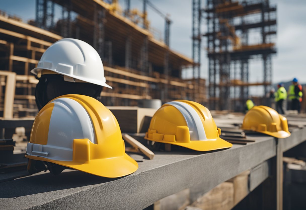 Construction site with workers wearing hard hats, following safety regulations. Legal documents and permits displayed in office. Scottish flag visible