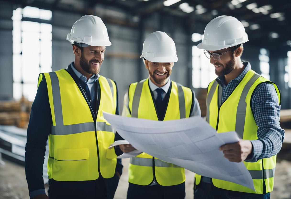 A group of construction workers and architects discussing plans and blueprints at a construction site in Scotland. The workers are wearing hard hats and high-visibility vests, while the architects are holding rolled-up plans and pointing at different areas of the site