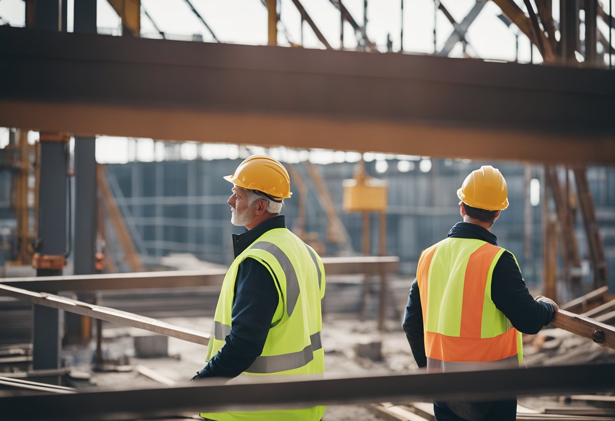 A crane lifting steel beams at a Welsh construction site. Workers in hard hats oversee the operation as a new building takes shape