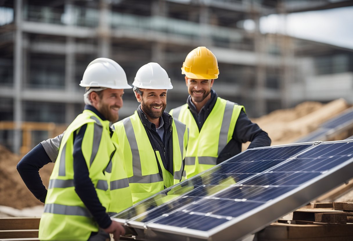 A modern construction site in Wales showcases sustainable building materials and innovative techniques. Renewable energy sources power the machinery, while workers implement eco-friendly practices