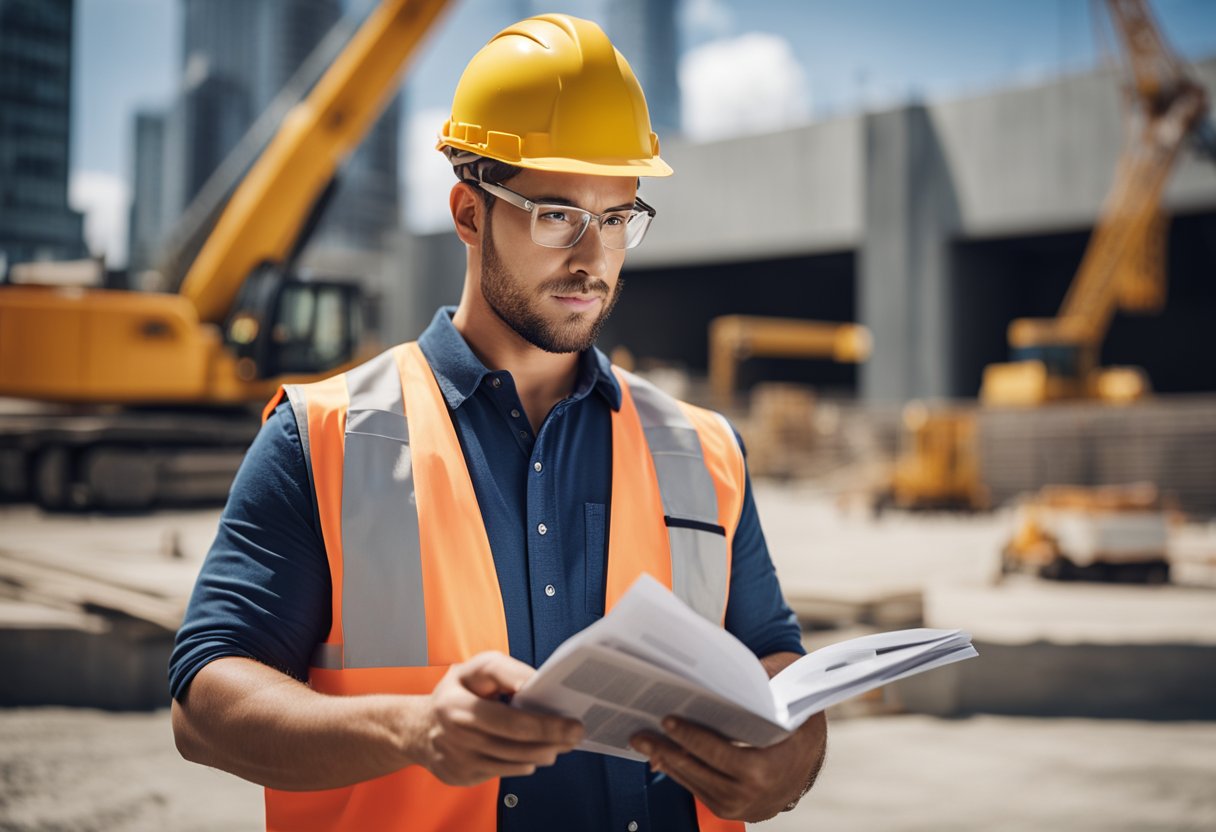 A construction worker reading a FAQ pamphlet, with a crane and building in the background