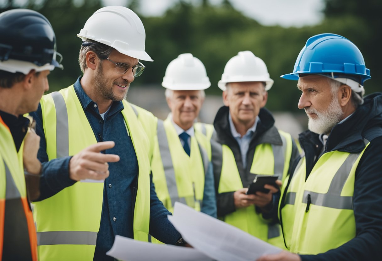 Various construction workers, engineers, architects, and government officials gathered at a construction site in Wales, discussing plans and addressing issues