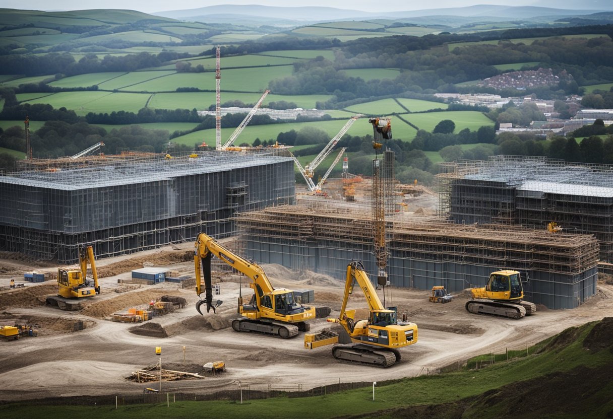 Construction sites across Wales buzz with activity, as cranes hoist materials and workers lay foundations for new buildings. The landscape is dotted with scaffolding and heavy machinery, showcasing the current state of the construction industry in Wales