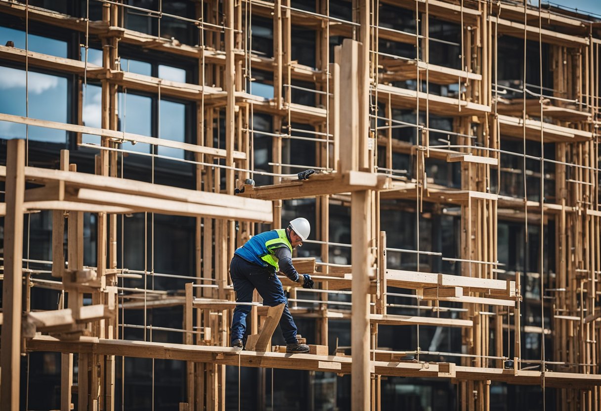 A construction site in Scotland with workers using traditional materials and techniques. Scaffolding, stone, and timber are being utilized in the building process