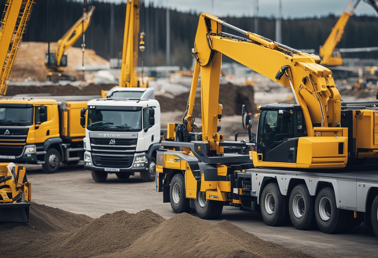 A large construction site with cranes, trucks, and workers building a new structure in Wales