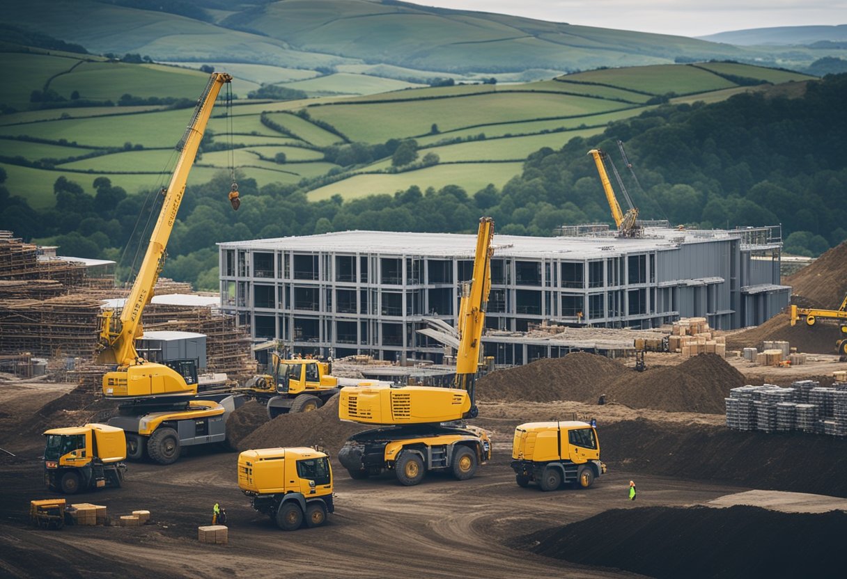 A bustling construction site in Wales, with workers in hard hats and high-vis jackets, cranes lifting heavy materials, and buildings taking shape against a backdrop of rolling hills