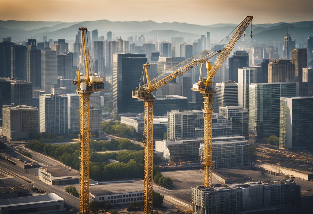 Construction cranes dot the skyline, workers busily building new structures. Graphs and charts show upward economic and employment trends