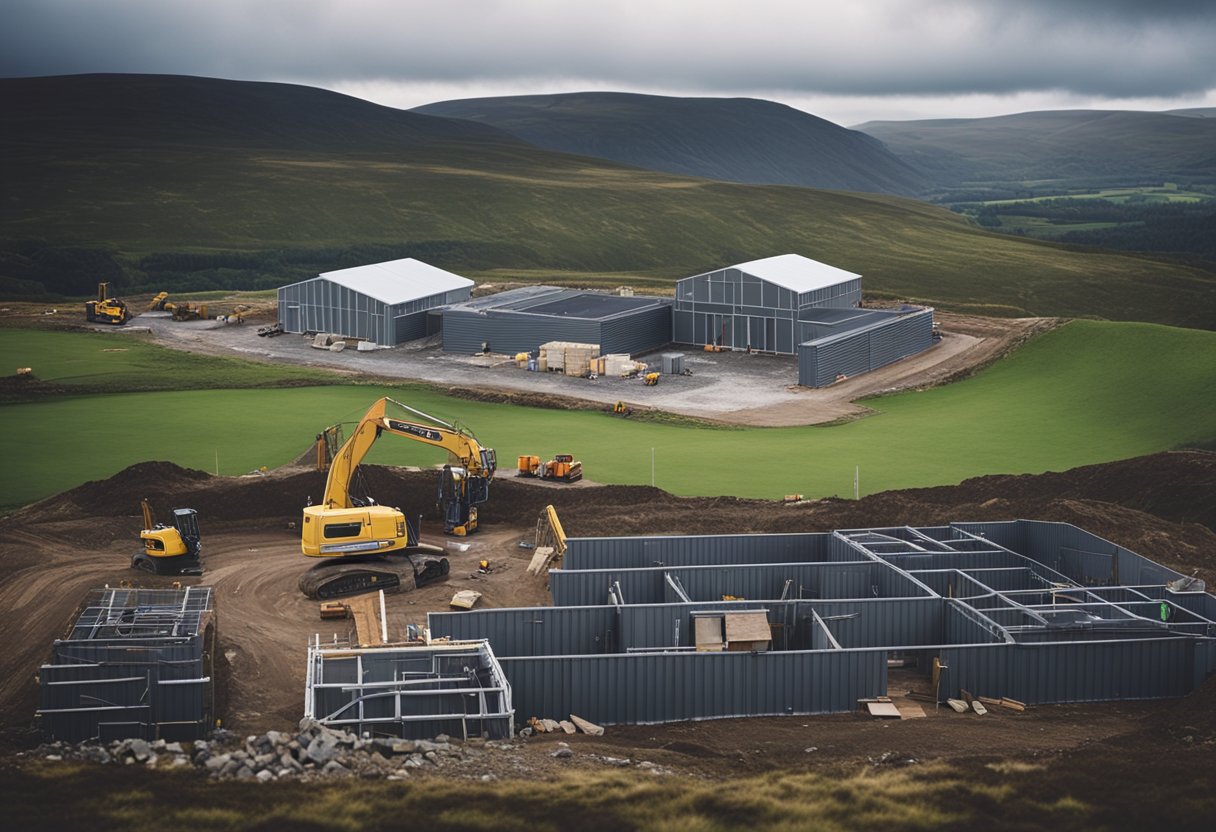 A construction site in Scotland with workers building structures, equipment and materials scattered around, and a backdrop of rolling hills and grey skies