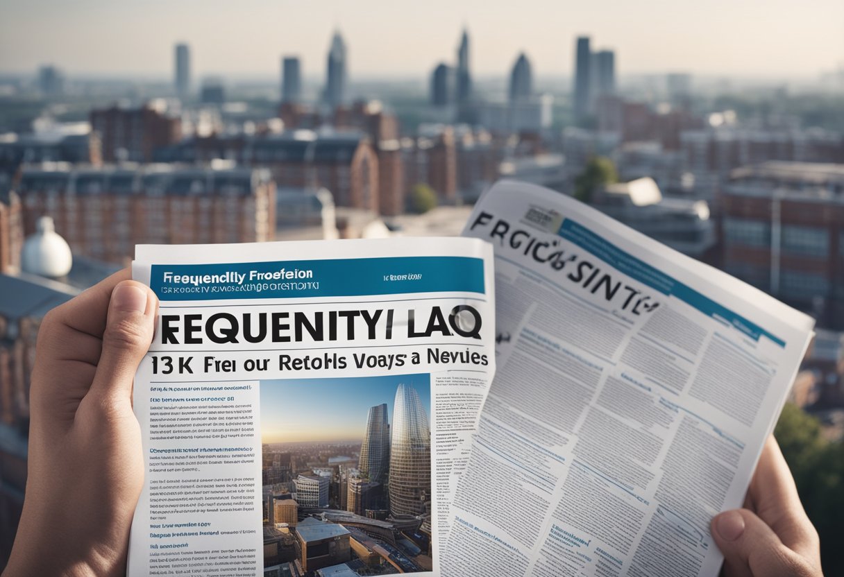 A group of people reading a "Frequently Asked Questions" section on a construction news website, with a Leeds skyline in the background