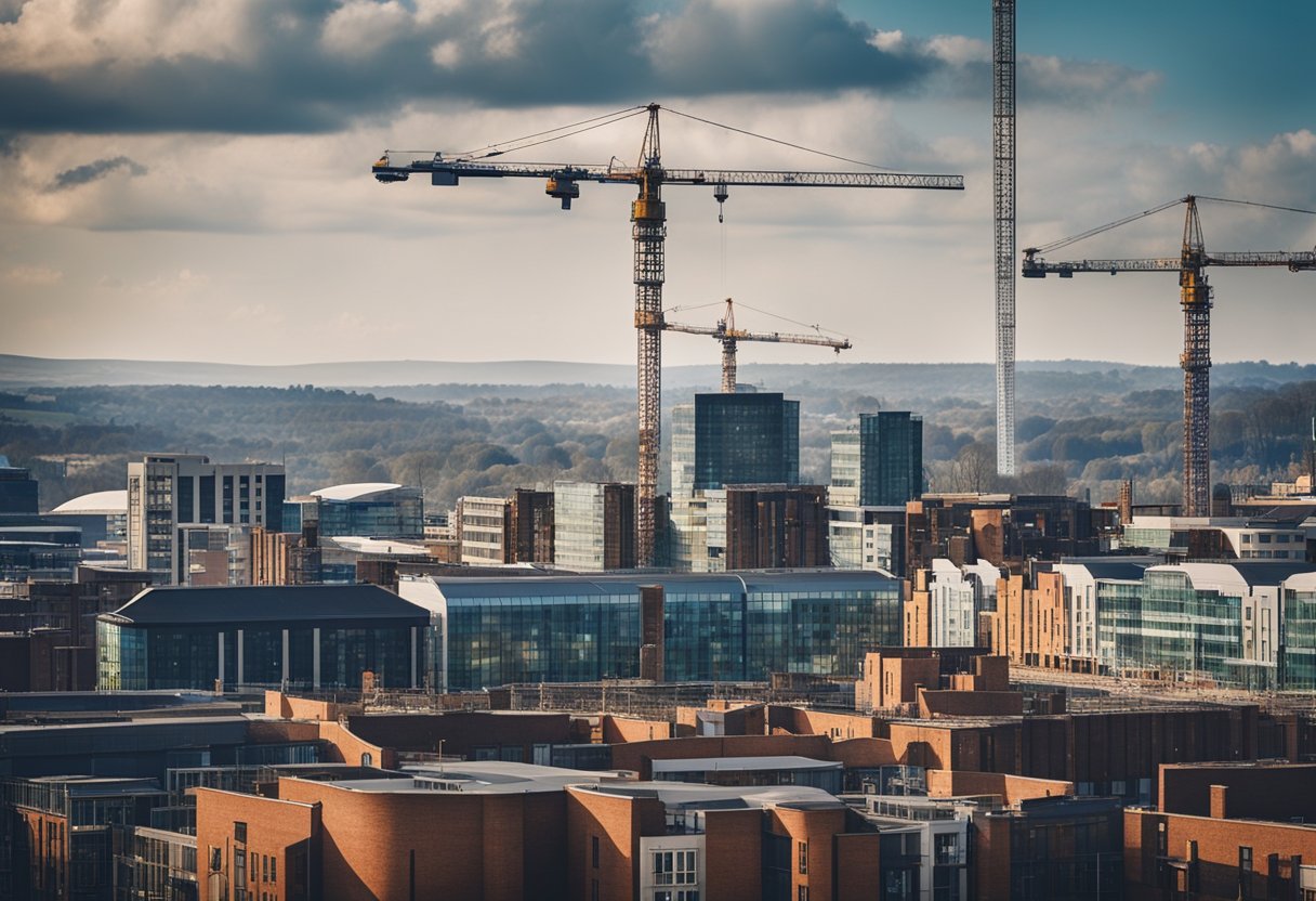 A skyline of Leeds with cranes towering over new building projects, surrounded by bustling construction activity