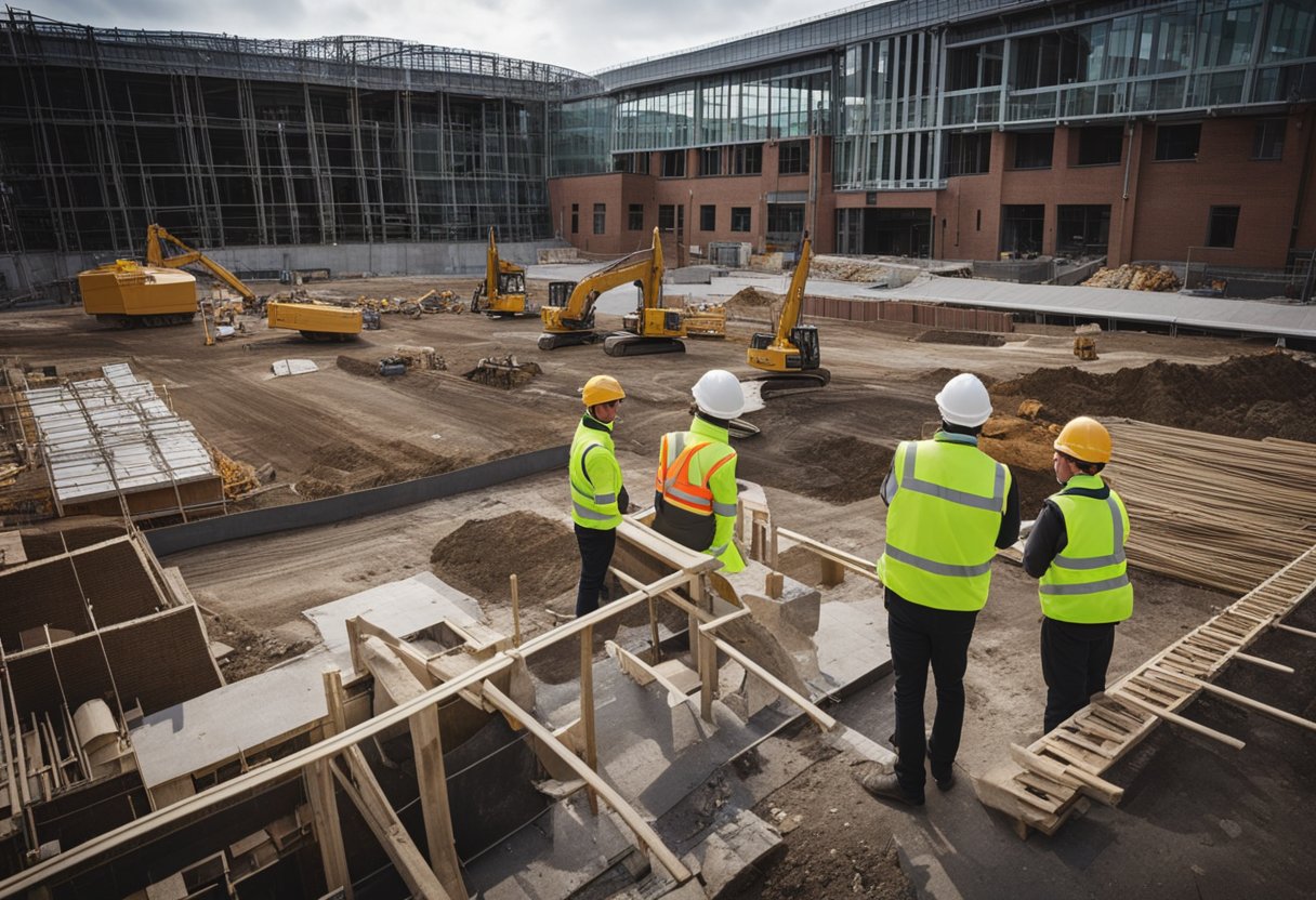 Leeds City Council oversees construction sites, with workers in hard hats. Machinery and materials are scattered around the site