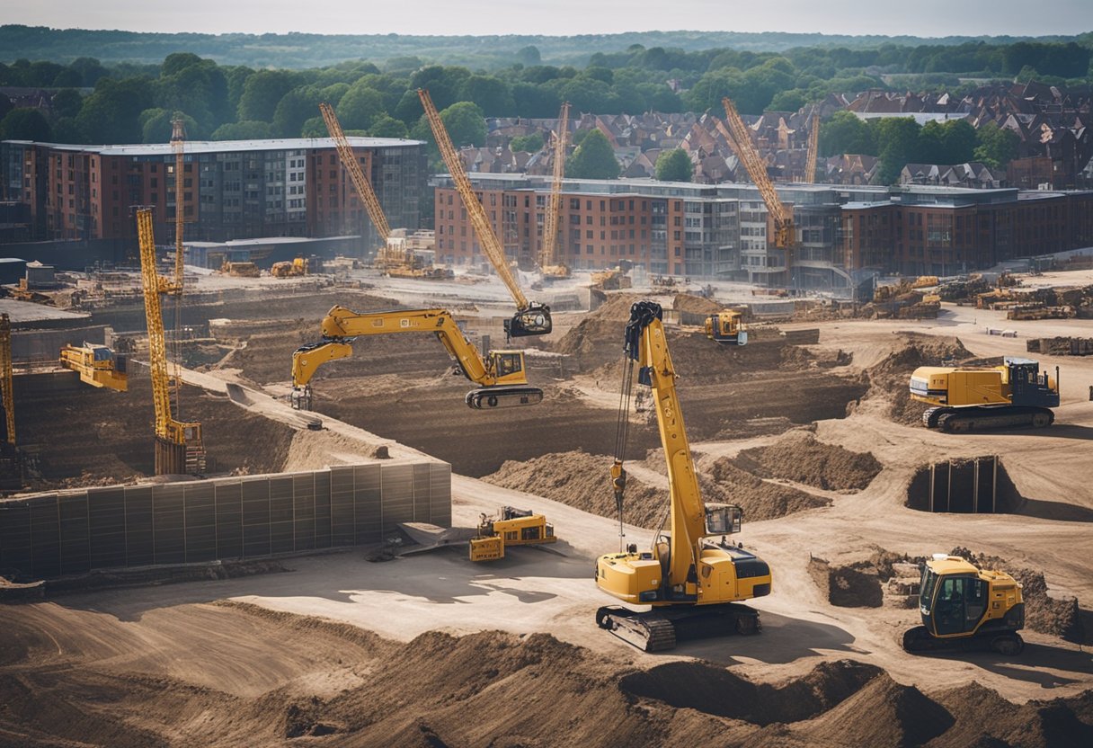 A bustling construction site with cranes, bulldozers, and workers building new homes in a growing residential area in Leeds