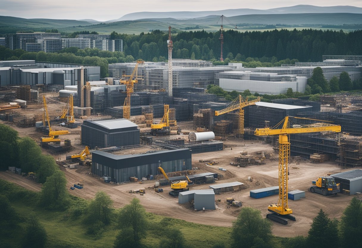 A bustling construction site in Scotland with workers, cranes, and heavy machinery, surrounded by buildings in various stages of completion