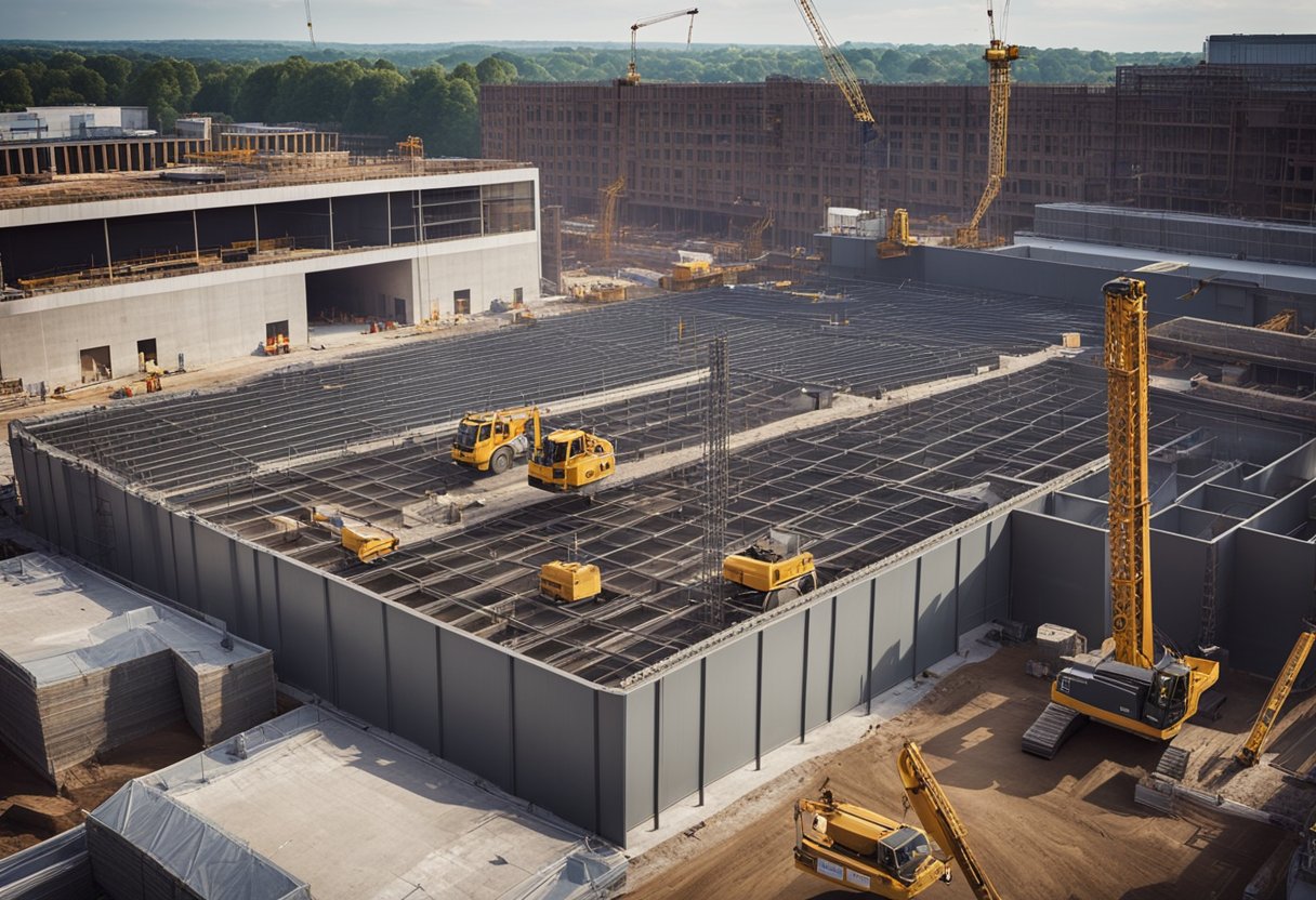 The construction site bustles with activity as cranes lift steel beams and workers pour concrete for the new commercial building in Leeds