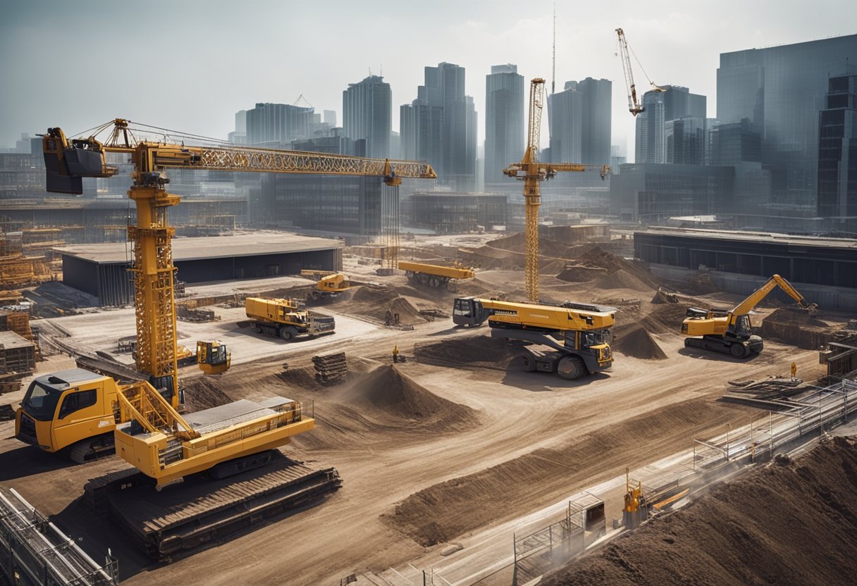 The construction site showcases innovative features and modern technology. Cranes and machinery are in motion, while workers assemble cutting-edge materials