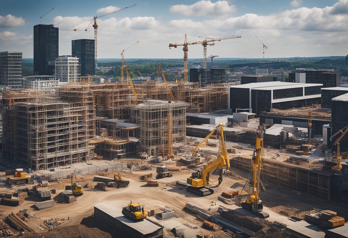 A bustling construction site in Leeds, with cranes towering over the city skyline, workers in hard hats moving materials, and a mix of modern and traditional architecture taking shape