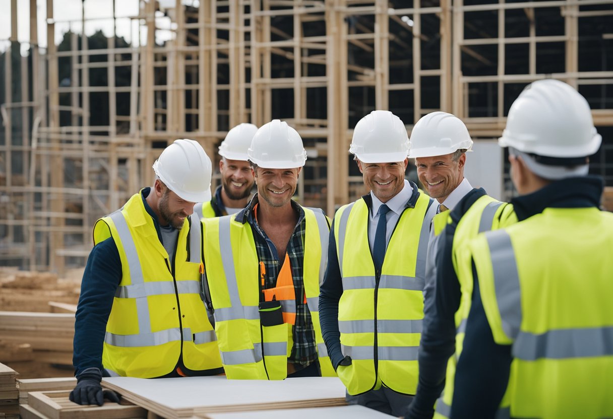 A group of construction workers in hard hats and high-vis vests are busy working on a new building site in the Scottish countryside