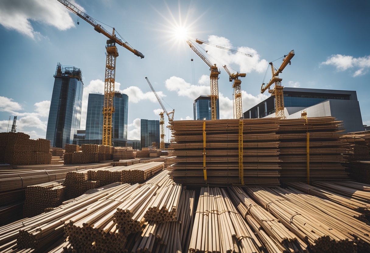 Construction materials stacked high, cranes in motion, and bustling workers reflect the economic factors and market demand in Scottish construction news