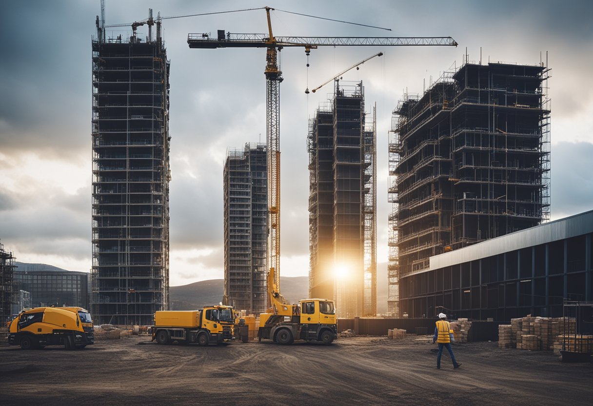 A bustling construction site in Scotland, with cranes towering over new buildings and workers moving materials